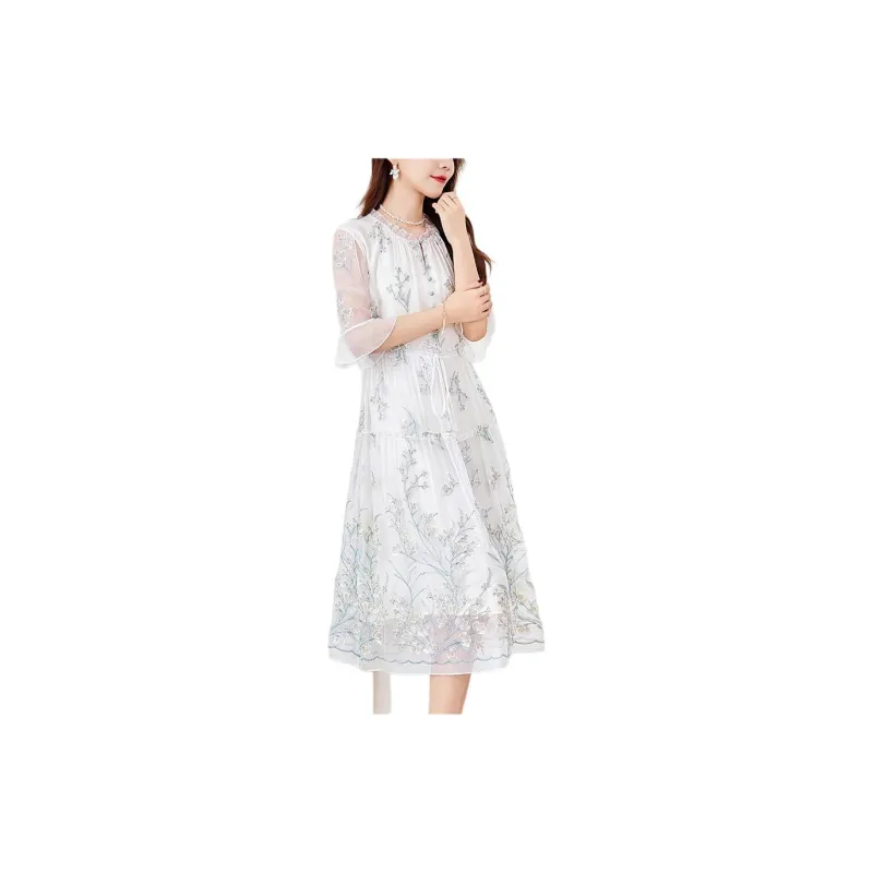 Yi Mengyuan Lace Up Silk Long Sleeved Dress Women's Green-2