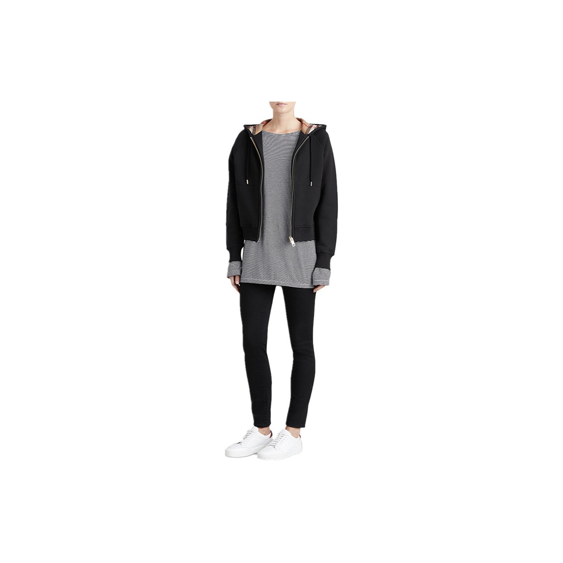 Burberry Zip Up Hoodie With Check Hood Black Archive Beige