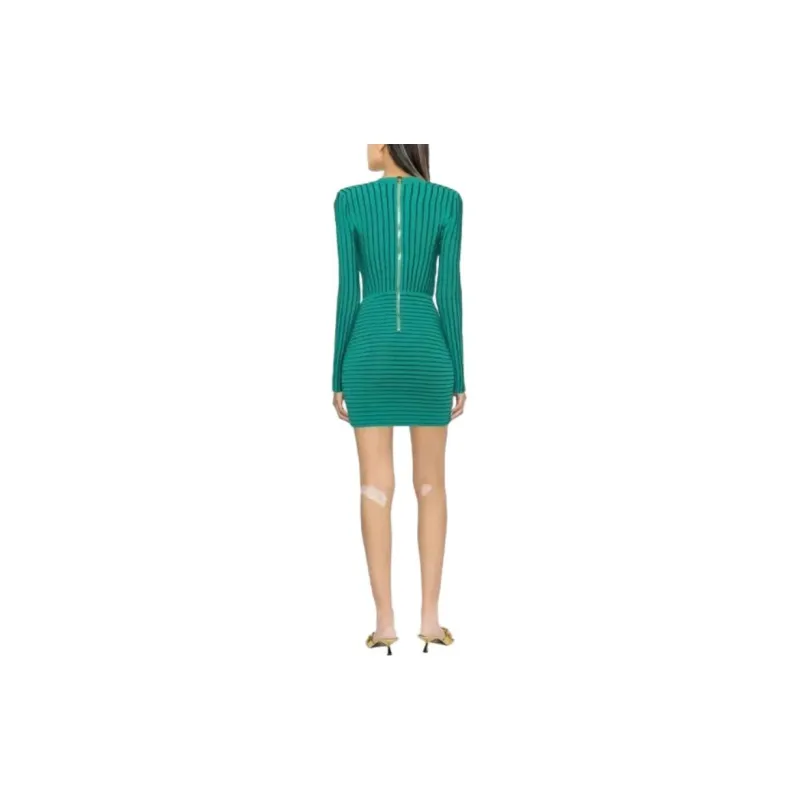 BALMAIN V-Neck Ribbed Knit Mini Dress-2