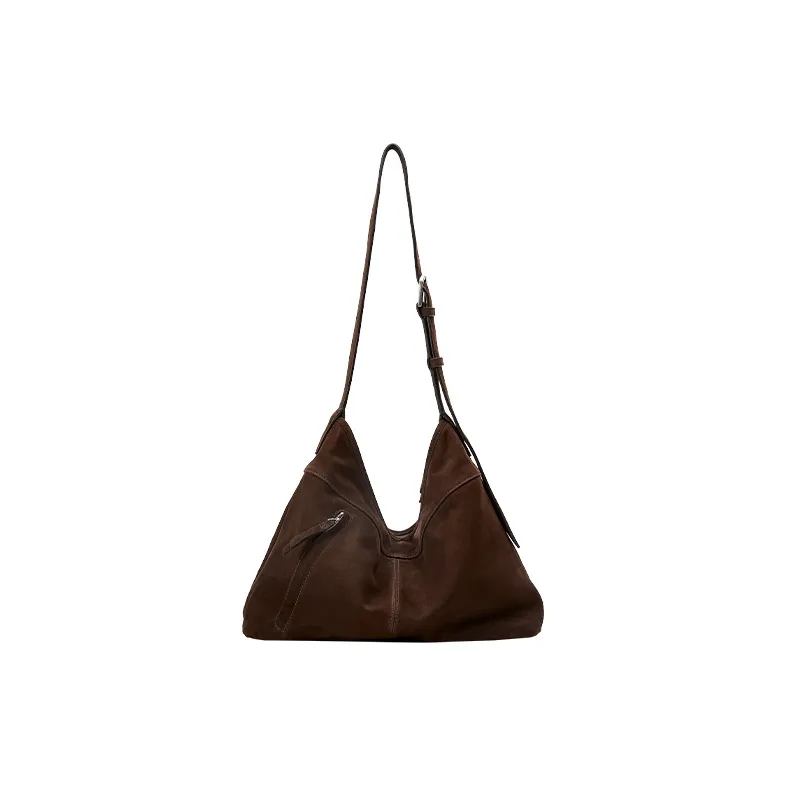 Qiuzhen Matte Cow Leather Free Hobo Bag Nubuck Shoulder Bag Large Size Extra Large Unisex Coffee/Black-3