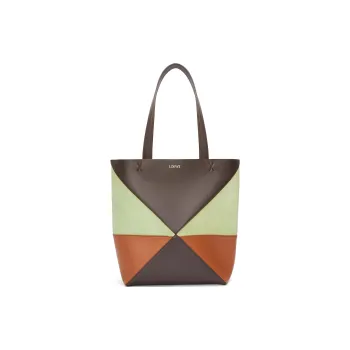 LOEWE Puzzle Cow Leather With Suede Tote Bag, Shopping Bag, Handbag, Shoulder Bag Medium Size Women's Chocolate & Tan