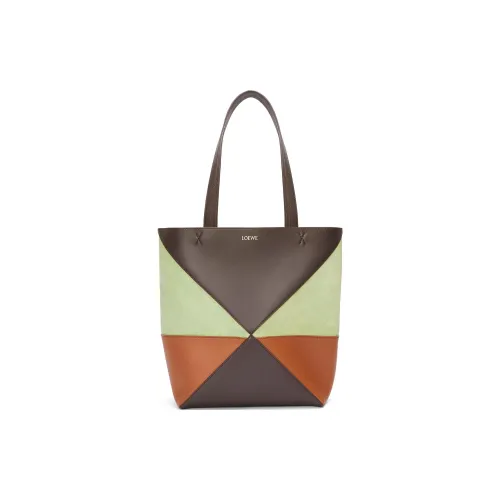 LOEWE Puzzle Cow Leather With Suede Tote Bag, Shopping Bag, Handbag, Shoulder Bag Medium Size Women's Chocolate & Tan