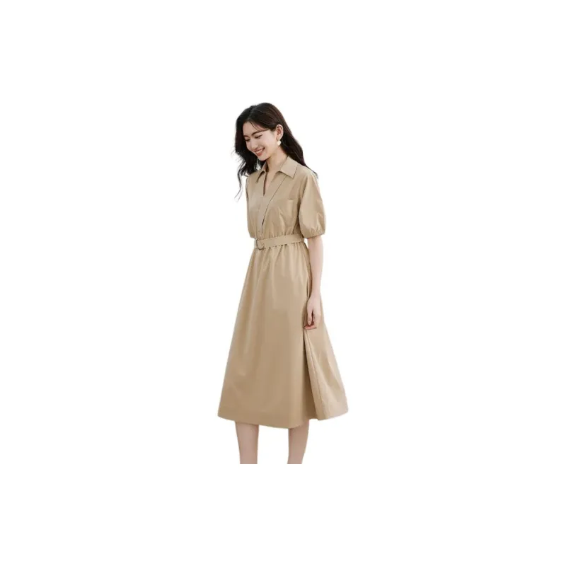 Hopeshow Short Sleeved Dress Women's Milk Coffee-6