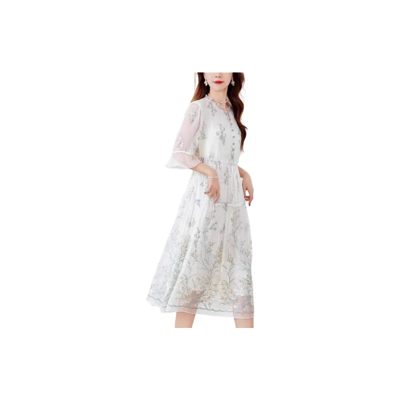 Yi Mengyuan Lace Up Silk Long Sleeved Dress Women's Green-3
