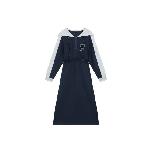 ELF SACK Long-Sleeved Dresses Women's Preppy Navy Blue