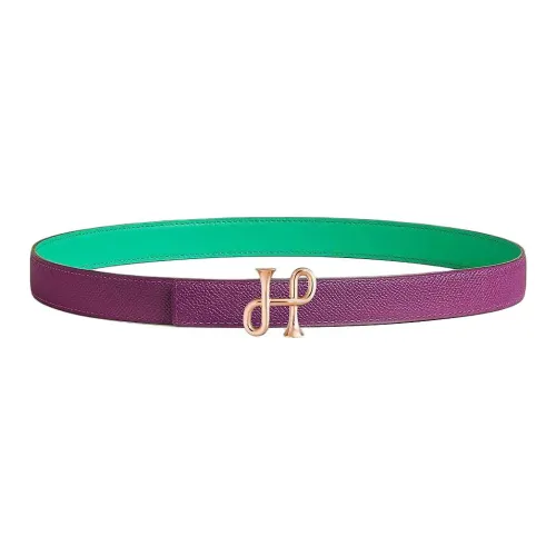 HERMES Calfskin Metal Rose Gold-Plated Leather Belts Women's Purple/Green Width 2.4CM