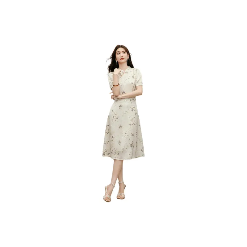 Hopeshow Short-Sleeved Dresses Women's Beige Base With Flowers-1