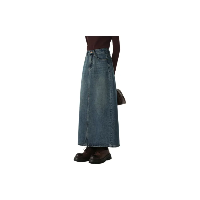 Weixi Denim Long Skirts Women's Vintage Blue-2