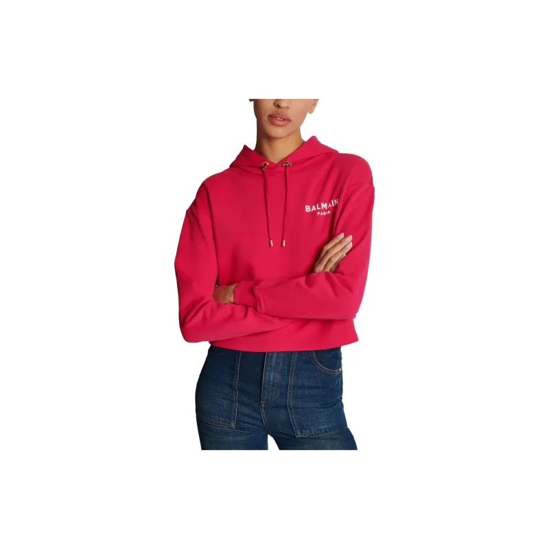 BALMAIN Logo flocked Cropped Hoodie-5