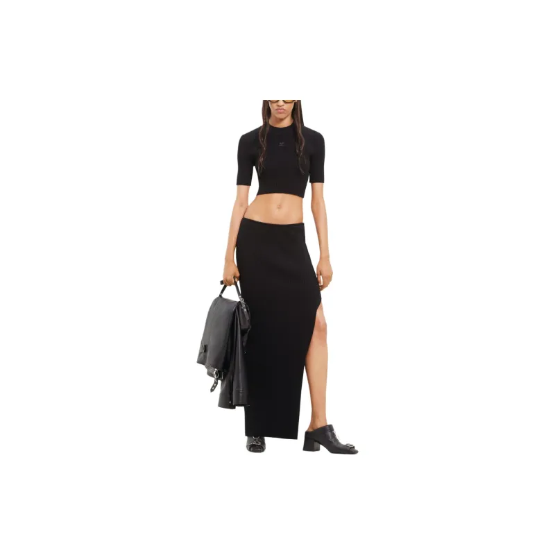 COURREGES Mock Neck Rib Knit Cropped Top 'Black'-1