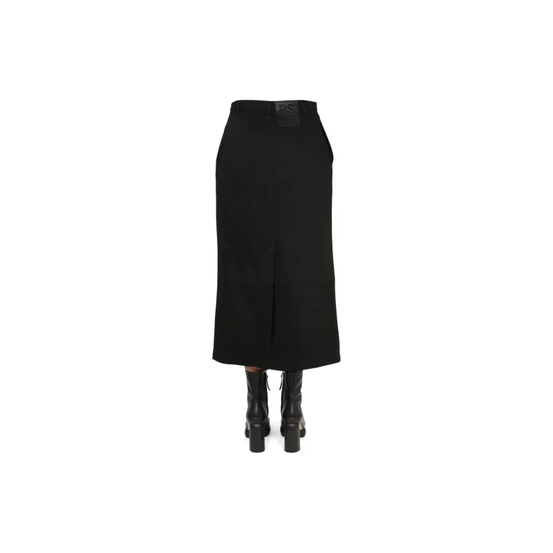 RAF SIMONS Logo Patch Buttoned Up Denim Midi Skirt-2