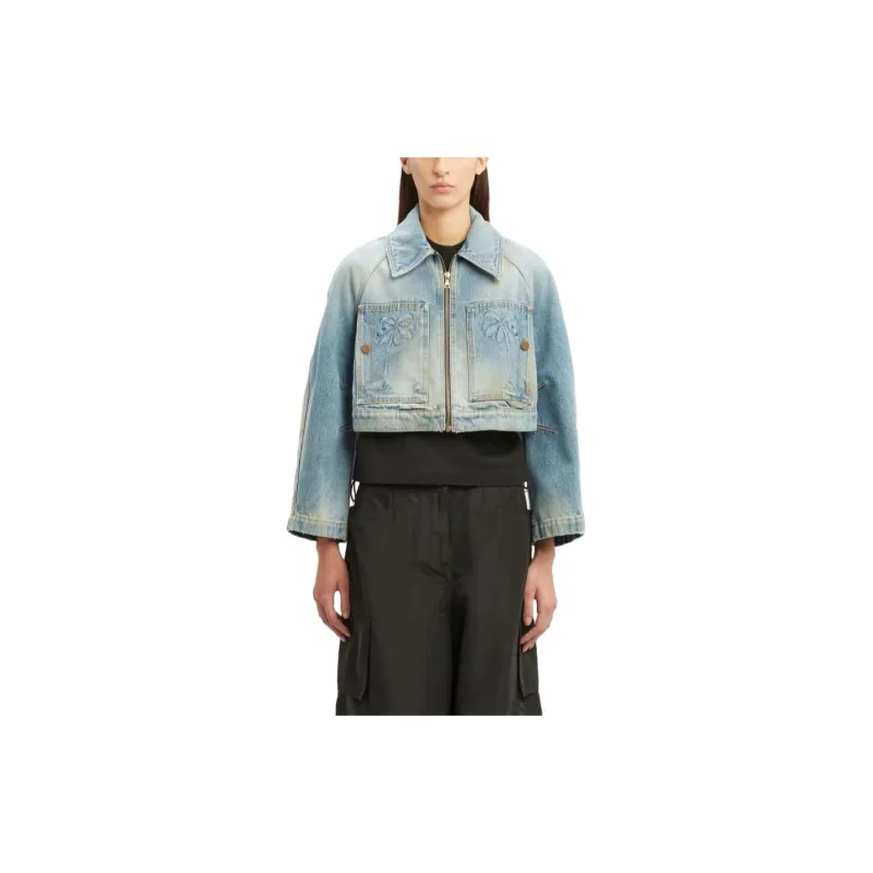 PALM ANGELS Palm Pattern Cropped Denim Jacket-2