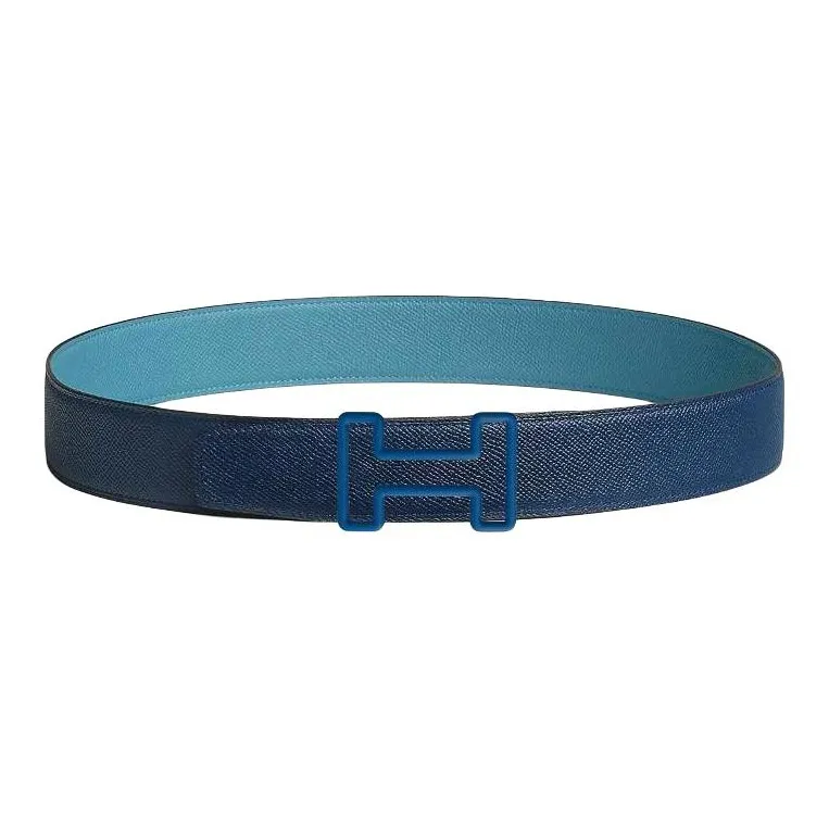 HERMES Calfskin Leather Belts Men's Light Blue/Marine Blue Width: 3.8CM-1