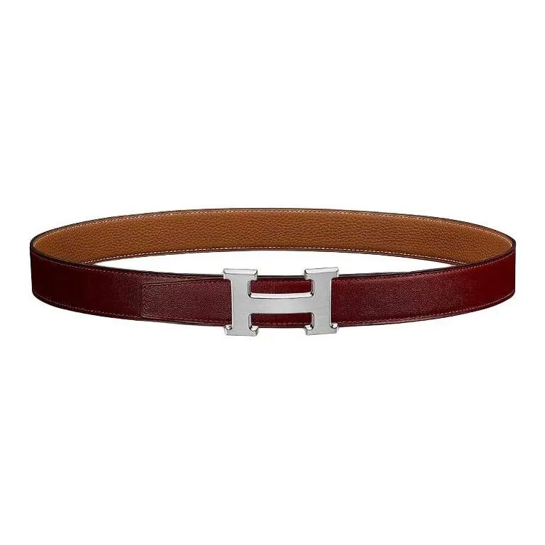 HERMES Palladium Calfskin Metal Leather Belts Men's Red/Brown Width: 3.2CM-0