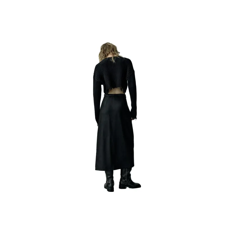 ZARA Denim Long Skirts Women's Black-3