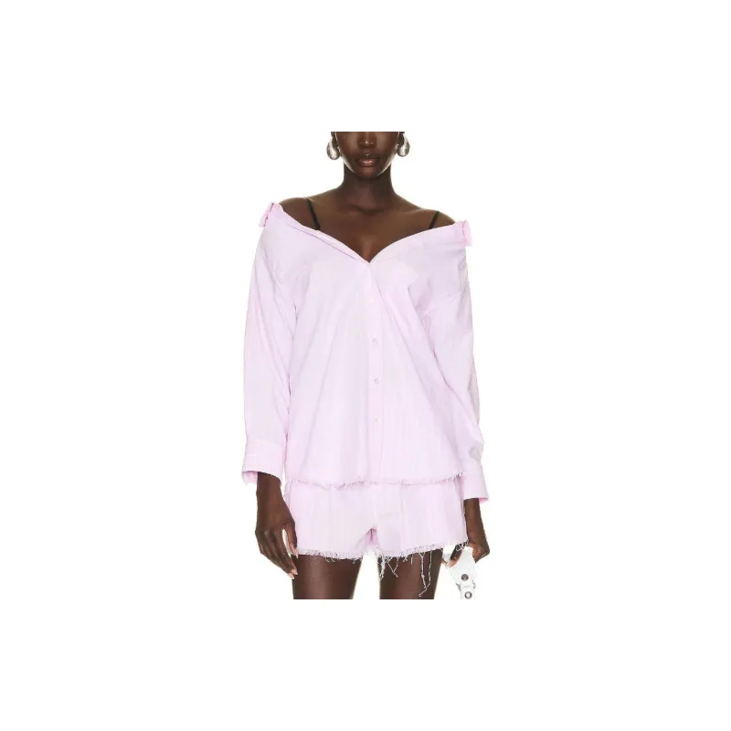 T By Alexander Wang Off Shoulder Boyfriend Charm Bra Strap Shirt Light Pink/White-1