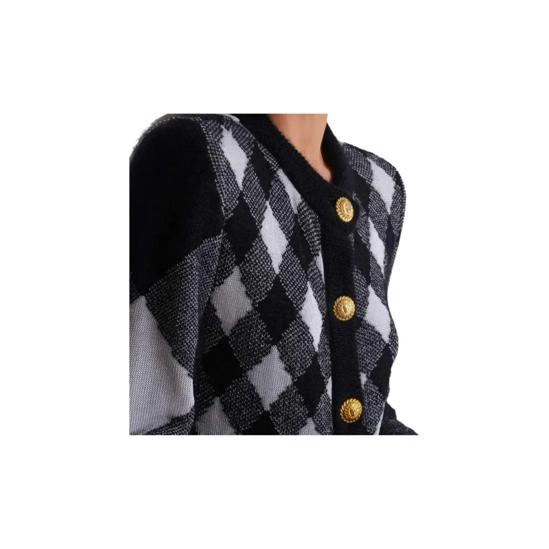 BALMAIN Check Patterned Round Neck Cardigan-6
