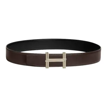 HERMES Brass Leather Belts Men's Dark Brown Width: 3.8CM