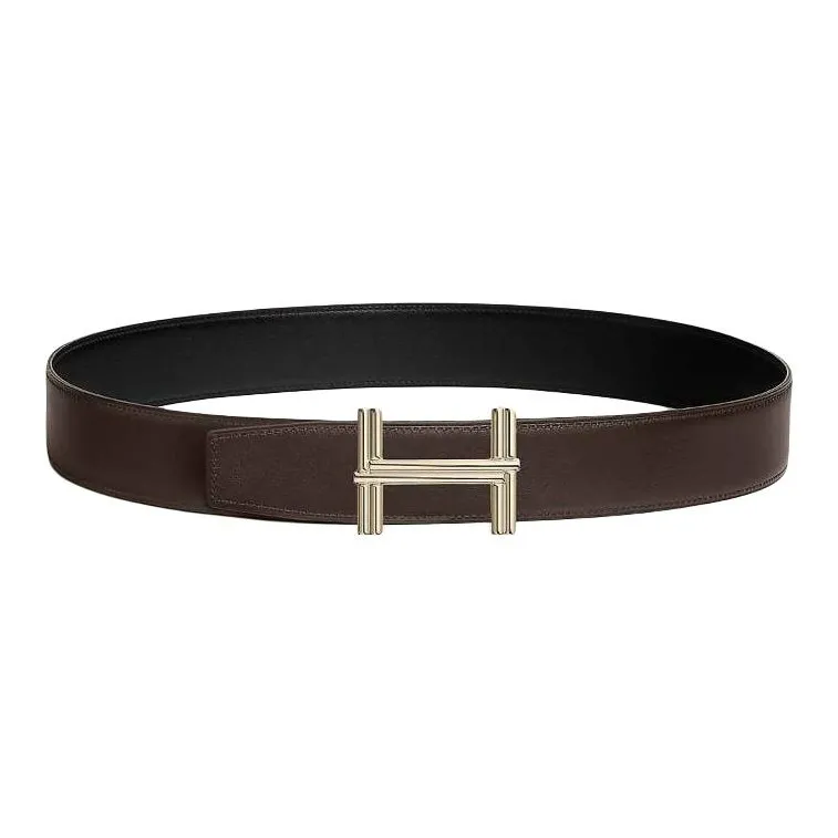 HERMES Brass Leather Belts Men's Dark Brown Width: 3.8CM-0