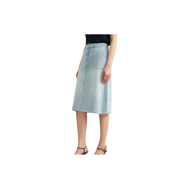 Yiner Denim Long Skirt Women's Light Blue-3