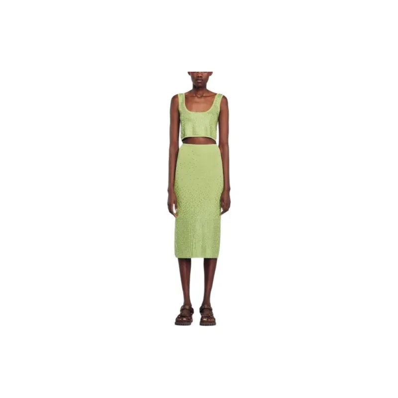 Sandro Rhinestone Embellished Midi Skirt Casual Long Skirt Women's Green-1