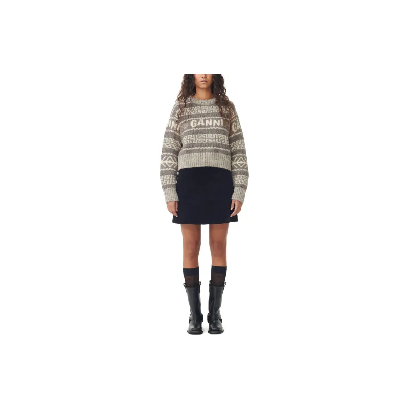 GANNI FW23 Lambswool Cropped O-Neck Pullover Sweater Women's Gray-4