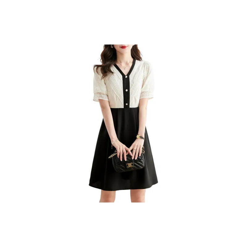 Still Quiet Short Sleeved Dress Women's Beige+Black-4