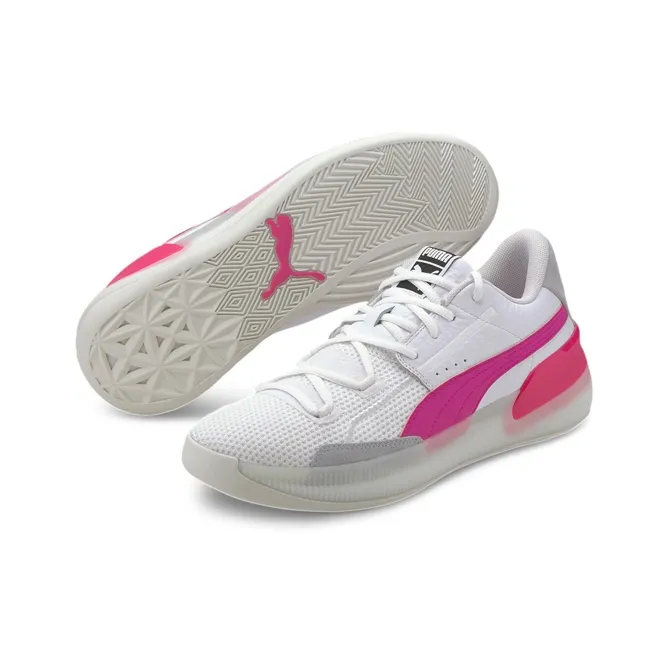 PUMA Clyde Hardwood Anti-Slip Wear-Resistant Mid-Top Performance Basketball Shoes White Pink Teenagers-2