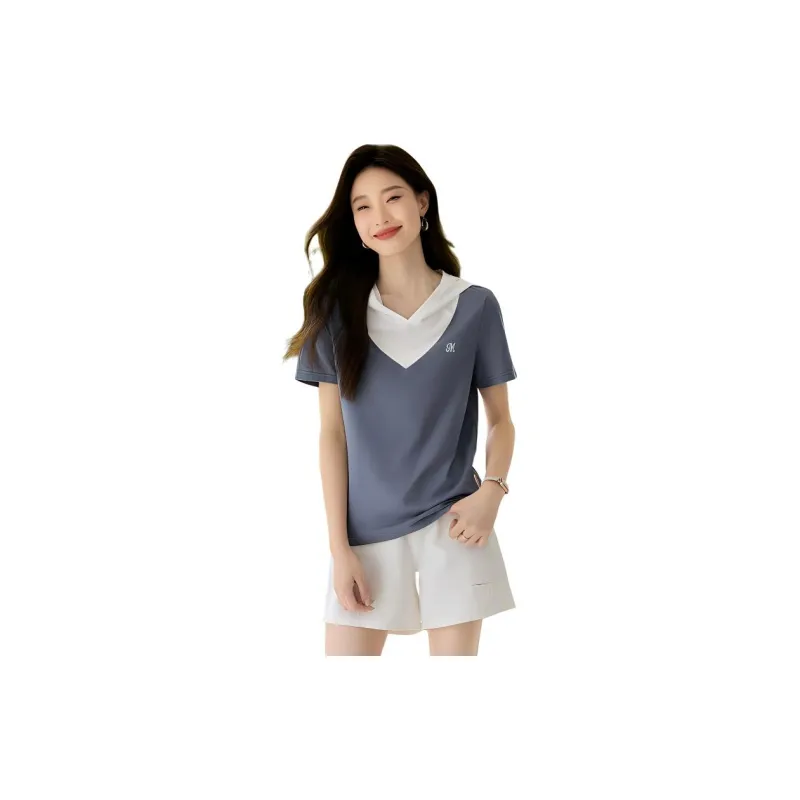 Mo Han Yi Mei SS24 T Shirt Women's Gray Blue & White-2