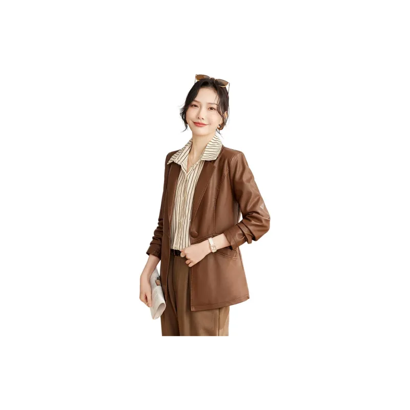 TERRE BLEUE Leather Jacket Women's Coffee-2
