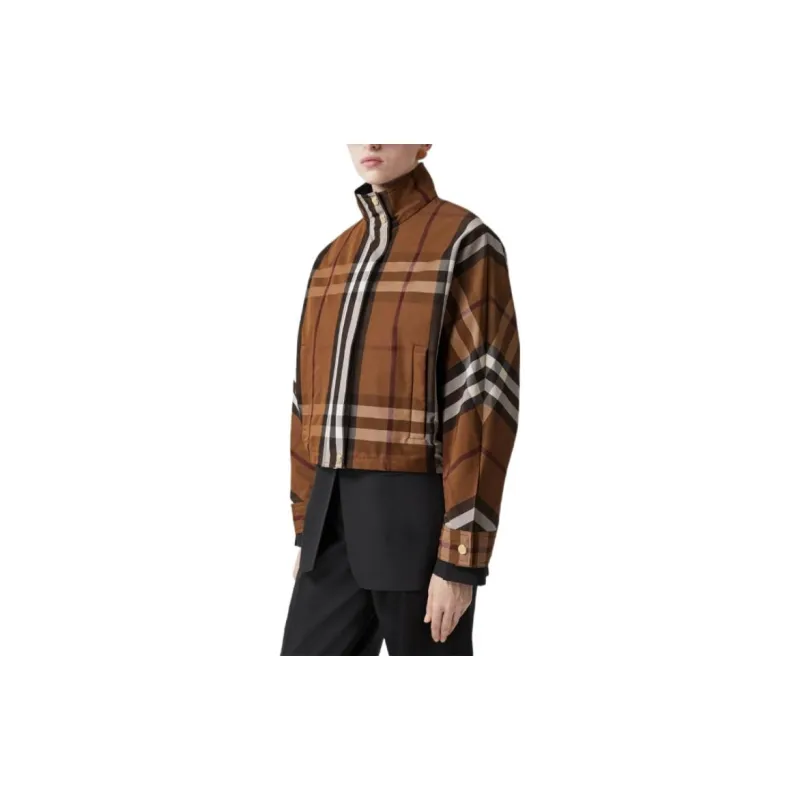Burberry Check Funnel Neck Cropped Jacket Brown-3