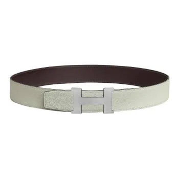 HERMES Brushed Palladium Leather Belts Unisex Gray Snow/Dark Brown Width: 3.8cm