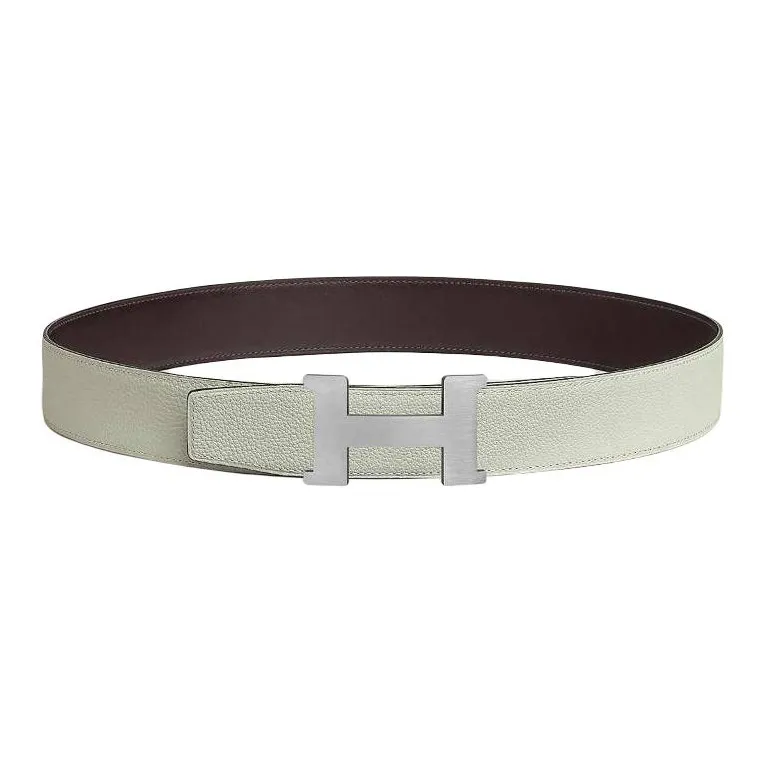 HERMES Brushed Palladium Leather Belts Unisex Gray Snow/Dark Brown Width: 3.8cm-0