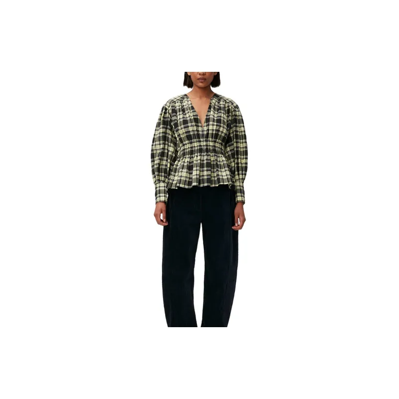 GANNI Checkered Seersucker Shirt Dress 'Check Elfin Yellow'-1
