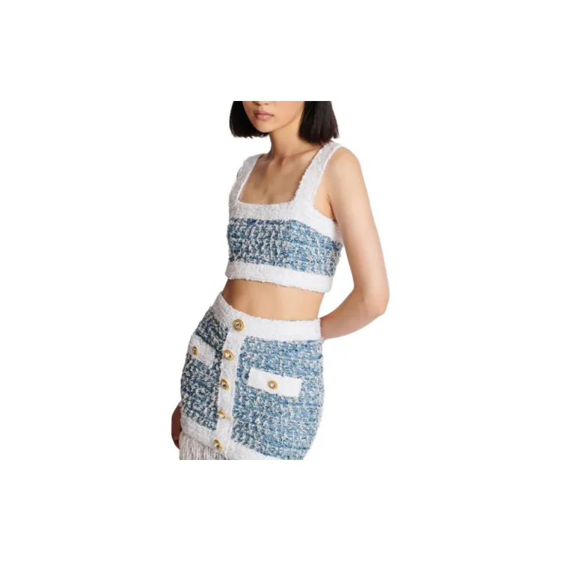 BALMAIN Denim Tweed Strappy Top-5