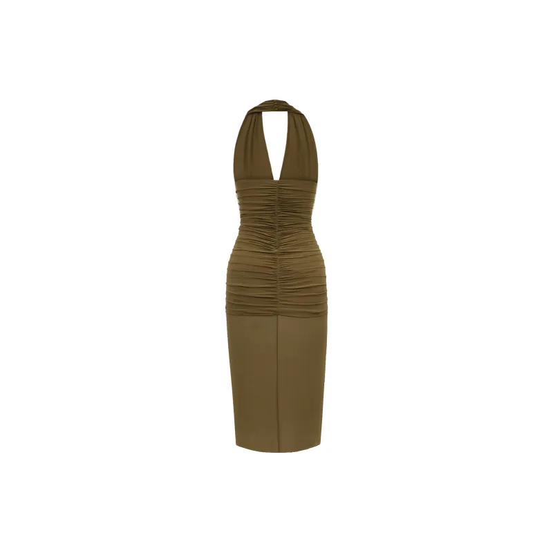 SAINT LAURENT Ruched Midi Halter Dress-1
