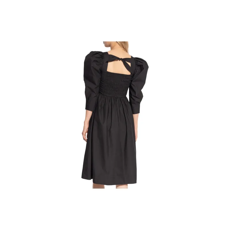 GANNI Ruched Square Neck Ribbon Back Dress-3