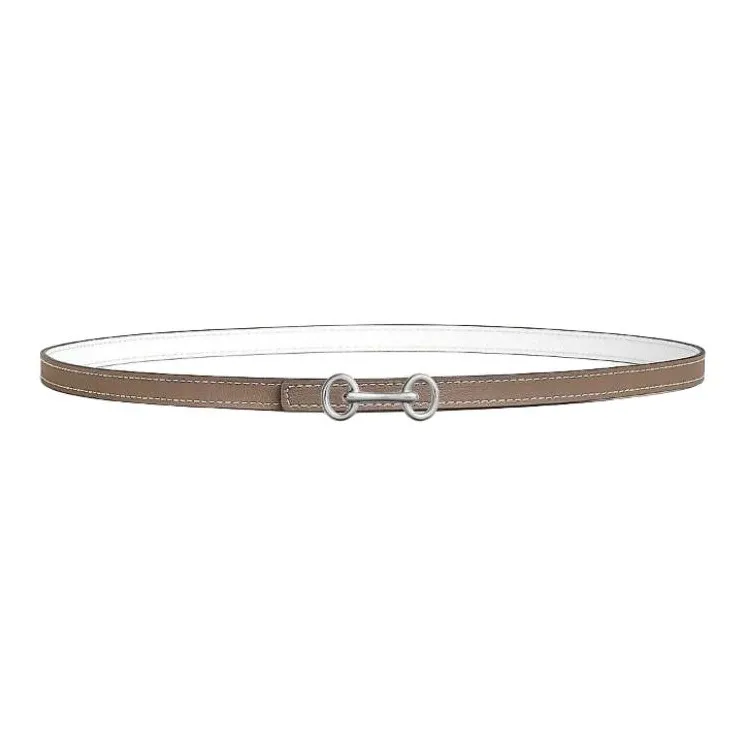 HERMES Calfskin Leather Belts Women's Taupe/White Width: 1.3cm-0