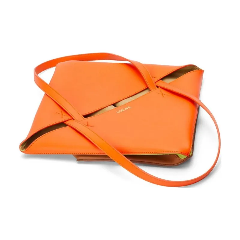 LOEWE Calfskin With Suede Tote Bag, Shopping Bag, Handbag Medium Size Women's Bright Orange & Prairie Green-3
