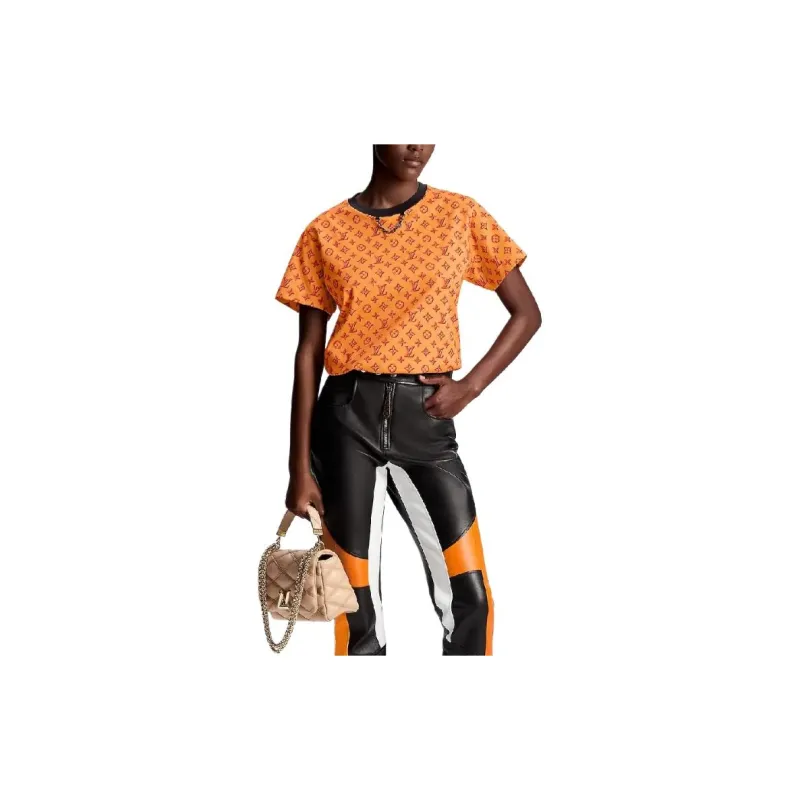 LOUIS VUITTON Logo Embossed Crew Neck Straight Fit Short Sleeved T Shirt T Shirt Women's Orange-3