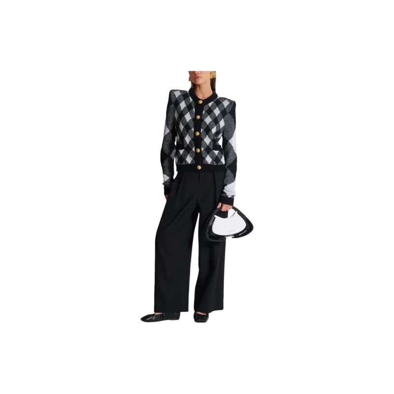 BALMAIN Check Patterned Round Neck Cardigan-1