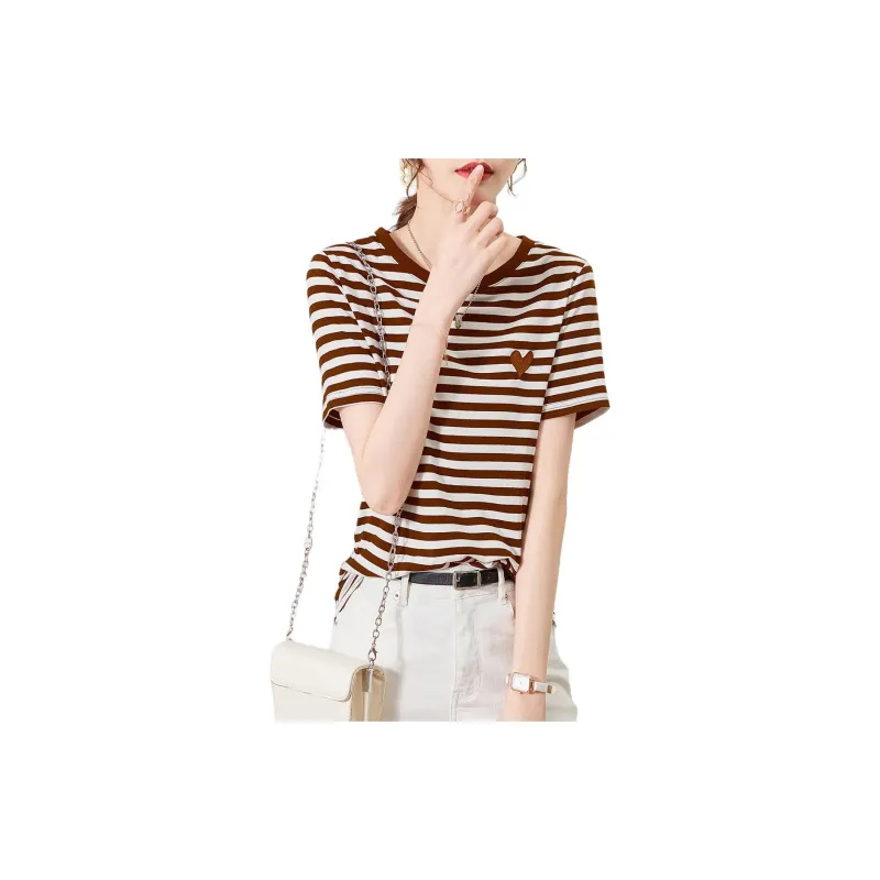 XWI T Shirt Women's Coffee White Stripes-0