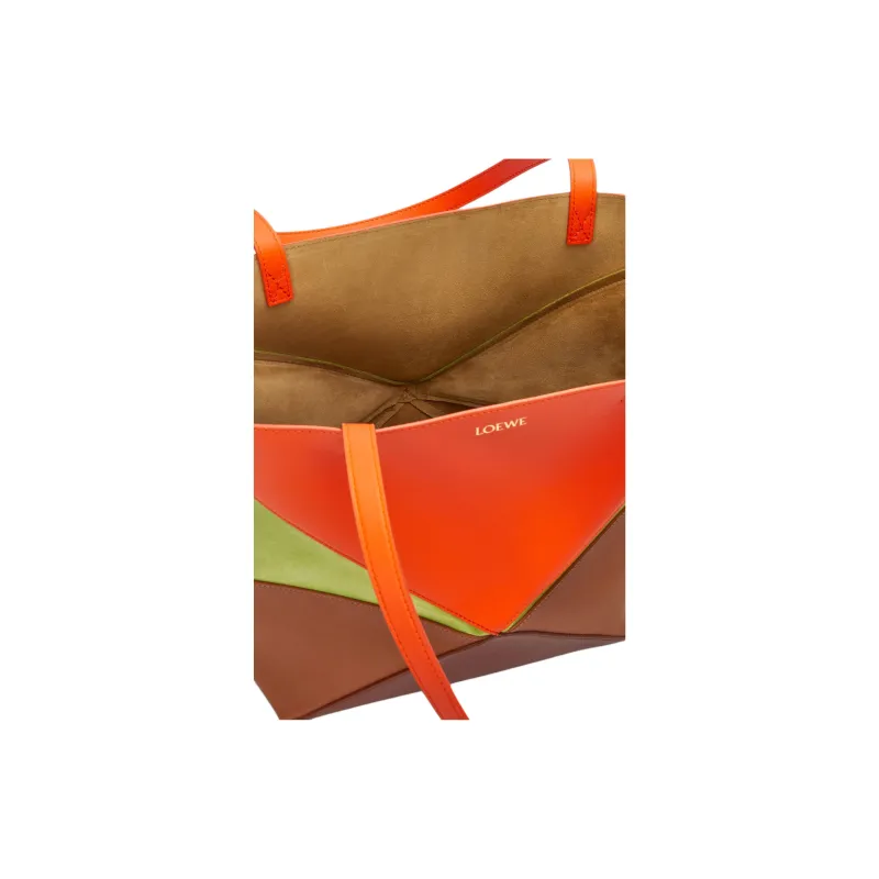 LOEWE Calfskin With Suede Tote Bag, Shopping Bag, Handbag Medium Size Women's Bright Orange & Prairie Green-7