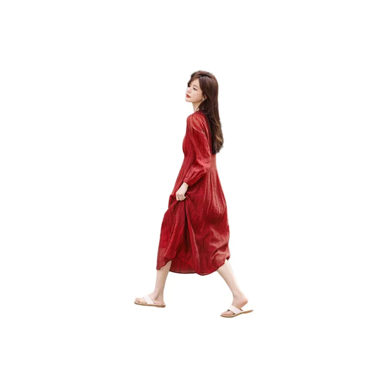 Mo Han Yi Mei Long Sleeved Dress Women's Berry Red-3