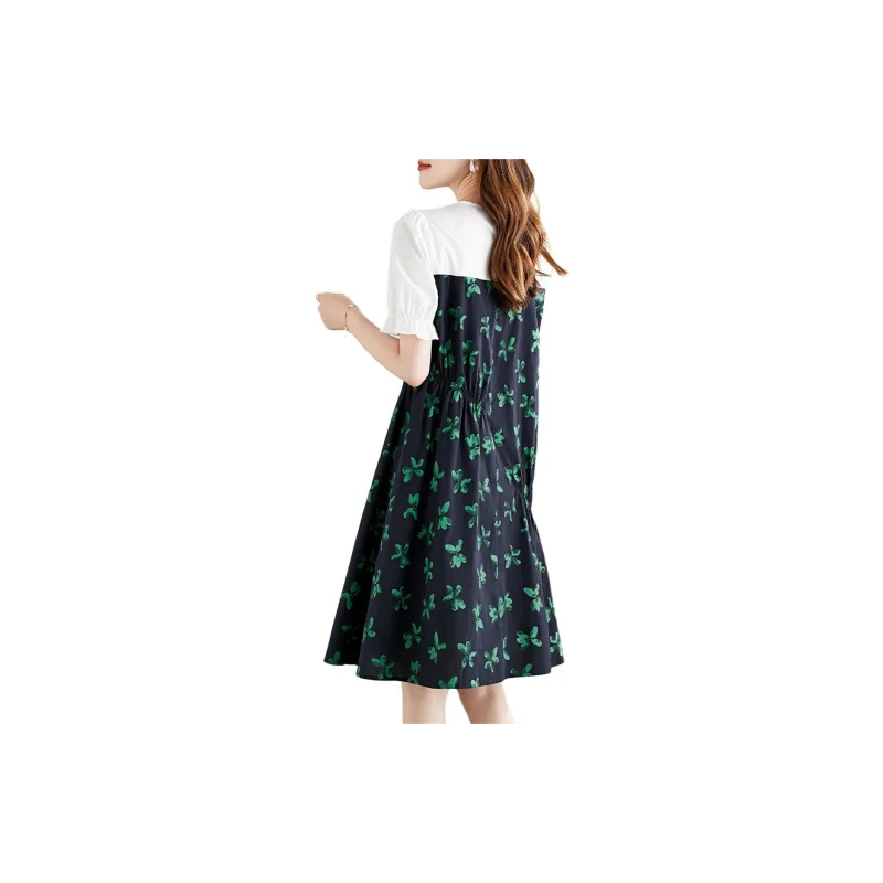 Mo Han Yi Mei Short Sleeved Dress Women's Navy Blue & White-2