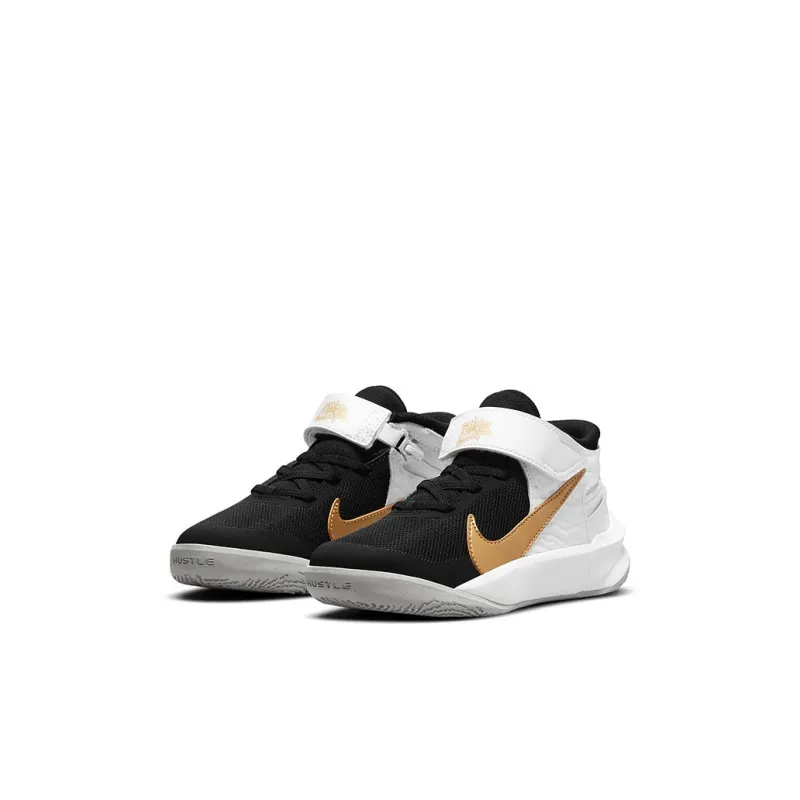 Nike Team Hustle D 10 FlyEase Abrasion Resistant Mid Top Basketball Shoes White Gold Black Children Aged 3 7 Years Old-2
