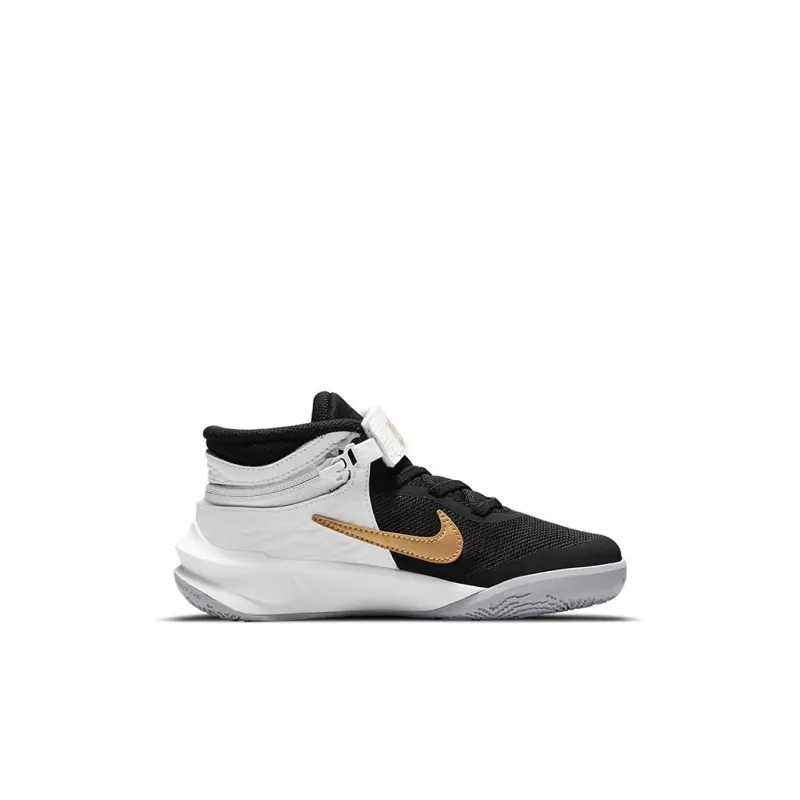 Nike Team Hustle D 10 FlyEase Abrasion Resistant Mid Top Basketball Shoes White Gold Black Children Aged 3 7 Years Old-1