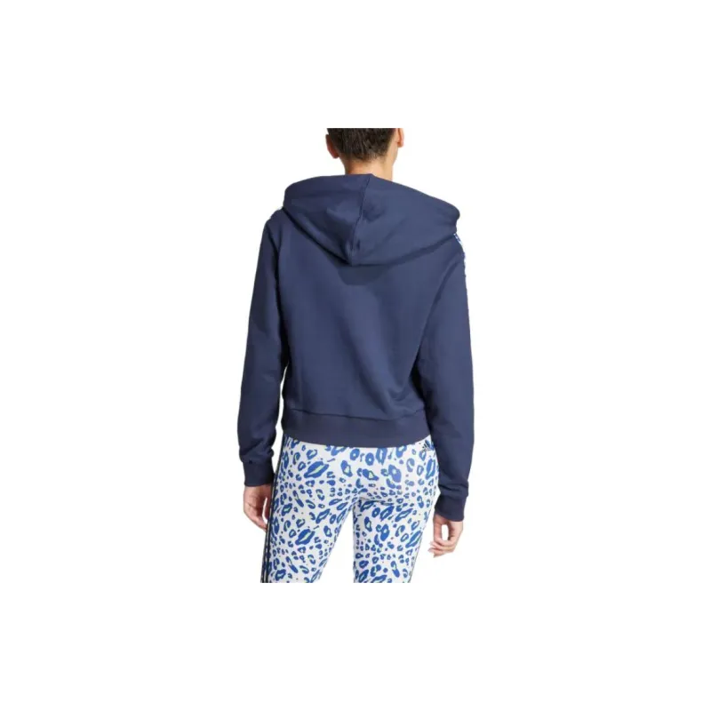 Adidas Essentials 3-Stripes Animal Print Relaxed Hoodie Sweatshirt Women's Marine Blue-2