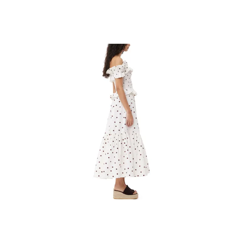 GANNI Cotton Poplin Maxi Flounce Skirt Casual Long Skirts Women's White-4