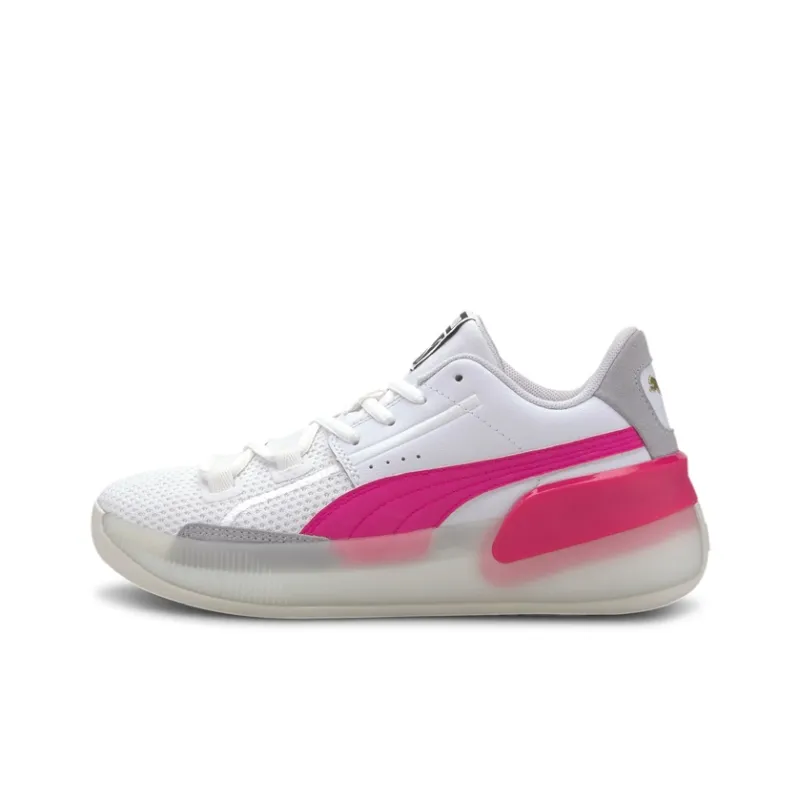 PUMA Clyde Hardwood Anti-Slip Wear-Resistant Mid-Top Performance Basketball Shoes White Pink Teenagers-0